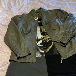 Hunter green faux leather moto jacket with pocket